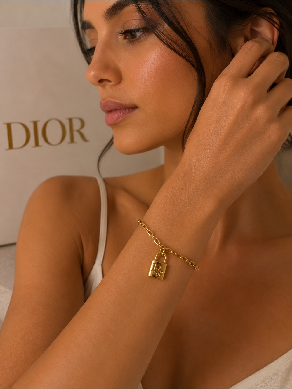 AUTHENTIC Dior Gold Padlock Charm on SS 18K gold Bracelet - Women Jewelry
